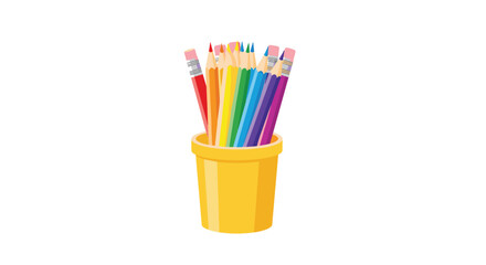 Fototapeta premium A bright yellow plastic cup holds a collection of sharpened colored pencils arranged in a rainbow spectrum from red to purple on a white surface.
