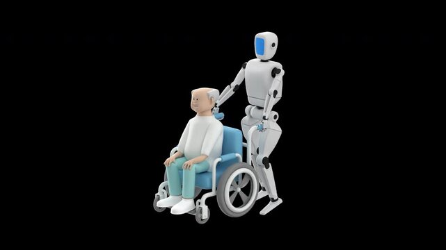 Elderly man seated in a wheelchair while a humanoid robot gently assists him by pushing the chair from behind, 3d render with alpha channel	