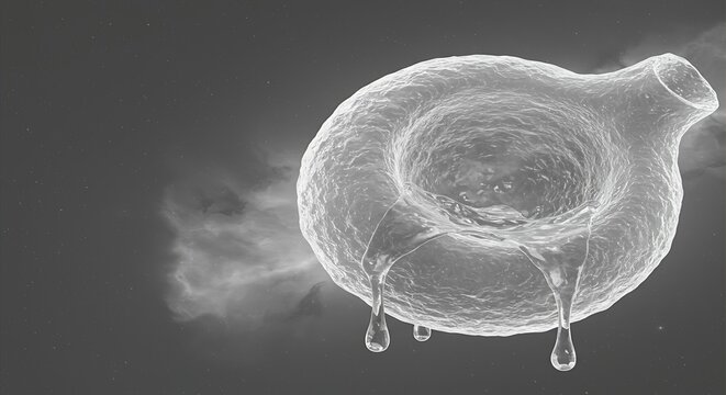 Abstract illustration of a glowing cellular structure with liquid droplets