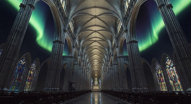 Architectural interior with aurora borealis artistic cathedral visual