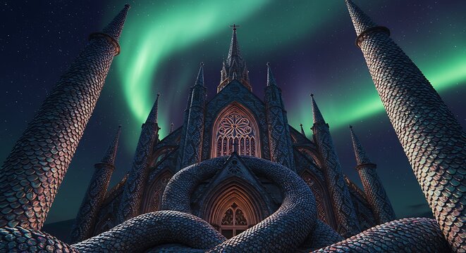 Mysterious gothic cathedral with serpent illustration under northern lights