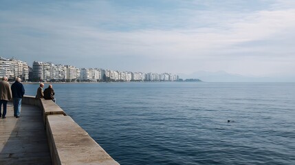 Obraz premium People walking along a waterfront promenade with a distant view of a large urban cityscape along the coast