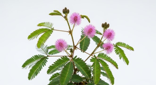Sensitive Plant Mimosa Pudica Flower and Leaves on White Background