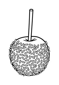 Black and white outline of a candy apple covered in sprinkles white background sweet