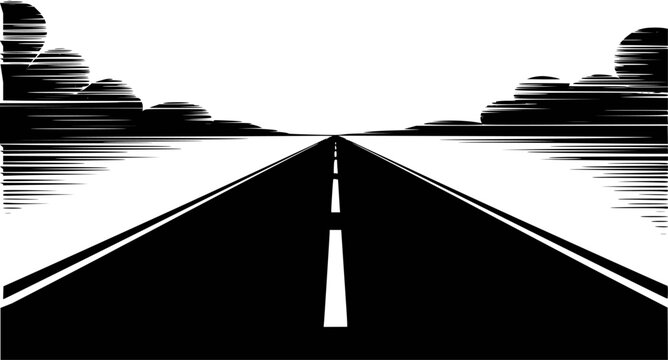 Black and white vanishing point highway with stylized clouds a white background road