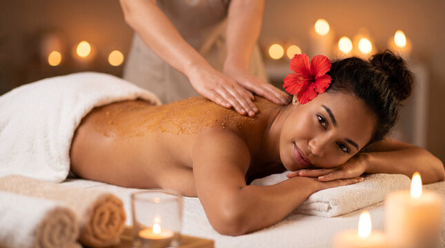 Young woman looking at camera while receiving an exfoliating back scrub massage with candles in a relaxing spa salon.