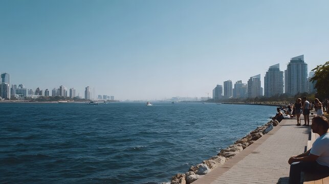 A sunny day view of a waterfront promenade with people strolling toward a distant urban skyline across the blue water