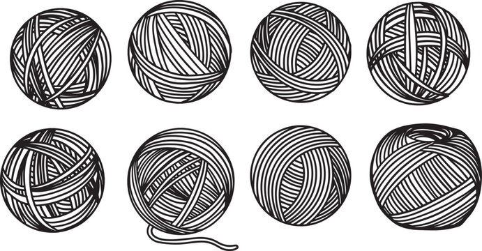 Set of hand-drawn yarn ball line art illustrations. Minimalist black outline clipart thread texture, for knitting, sewing, craft websites, game icons and hobby design element circular pattern texture
