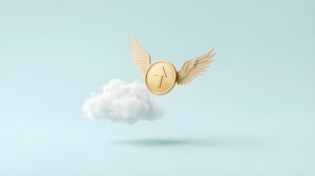 A winged gold coin flying past a fluffy white cloud. Concept of cloud-based banking, digital currency, or achieving sky-high financial goals.