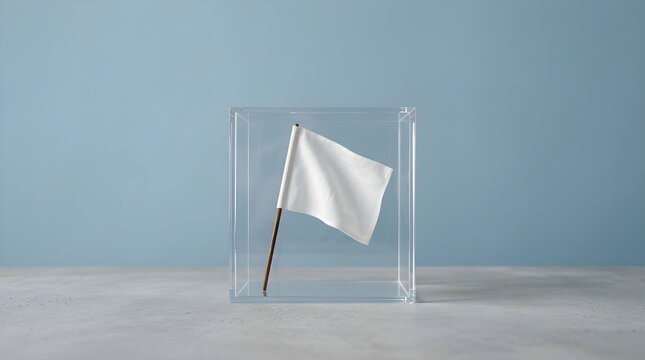 A white flag inside a transparent glass box against a blue background.
