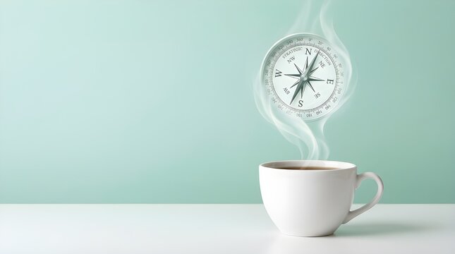 A steaming cup of coffee with a compass suggesting direction and guidance for the day ahead