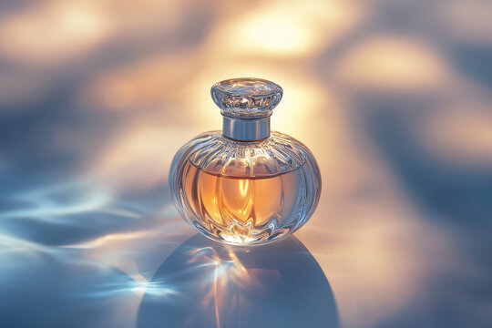 Amber perfume bottle on a glossy surface in soft blue and gold light