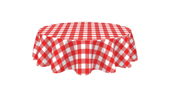 A circular dining table is draped with a traditional red and white checkered gingham fabric tablecloth creating a classic picnic or bistro aesthetic look.