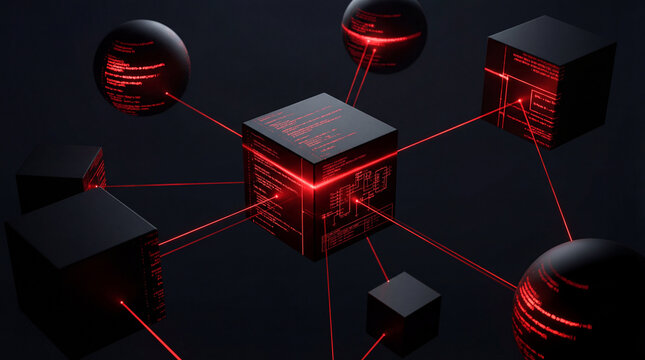 Floating matte black geometric shapes with red laser lines