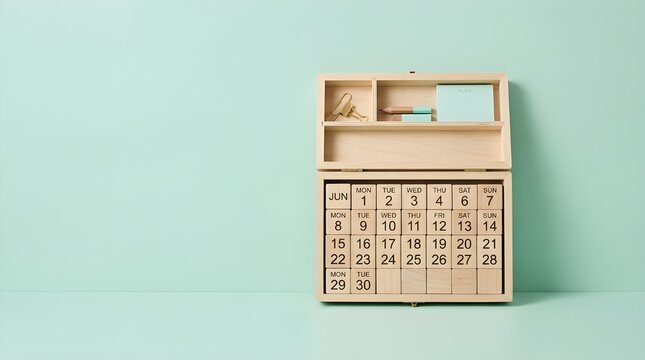 Minimalist wooden perpetual calendar and desk organizer for effective business planning, daily scheduling, and strategic time management, symbolizing future growth and productivity