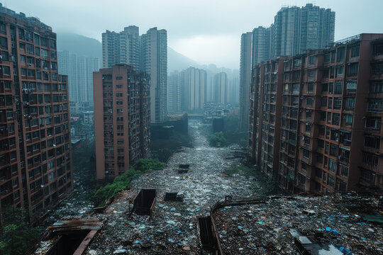 Abandoned overgrown city street between decaying high-rise buildings