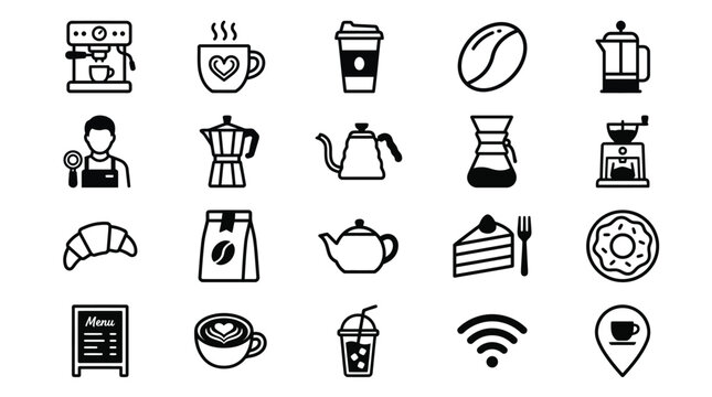 Line Art Icons of Coffee Brewing Methods and Cafe Equipment