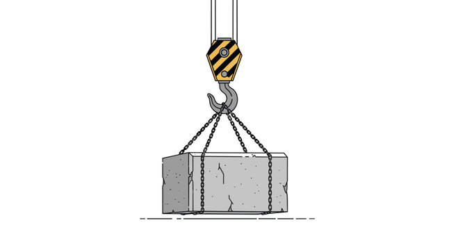 A detailed vector illustration showcases a striped industrial crane hook lifting a weathered concrete block using sturdy metal chains against a clean white backdrop.