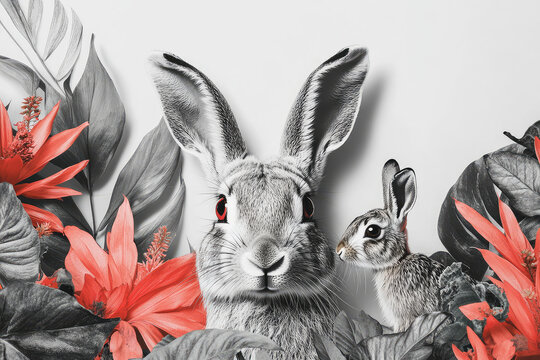 Monochrome rabbits among red tropical leaves in a surreal collage