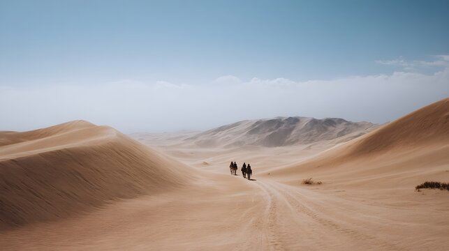 A small group of travelers walks across vast rolling sand dunes beneath a boundless desert sky