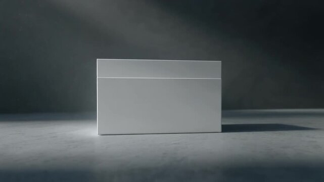 Sleek and minimalist rectangular grey box, a blank canvas for branding or product display, illuminated by soft studio lighting on a dark background