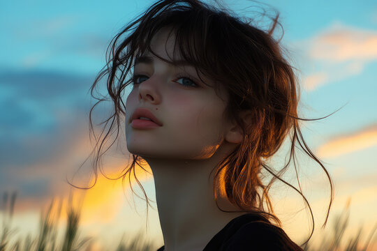 Young woman with windswept hair against a colorful sunset sky