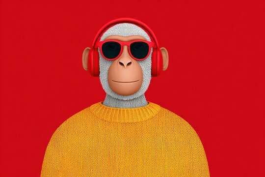 Cool monkey in bright sweater and stylish sunglasses enjoys music vibes