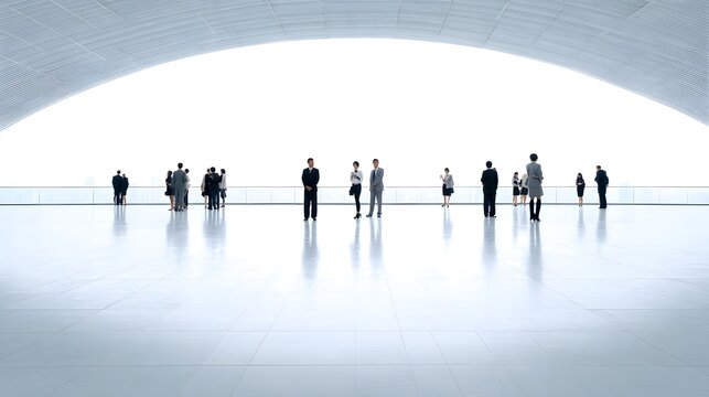 A large group of professionally dressed people gathers within a vast elegant modern architectural space symbolizing teamwork and progress