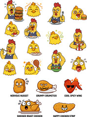 Obraz premium Cartoon Chicken Character Face Expressions and Fried Chicken Food Mascot Set