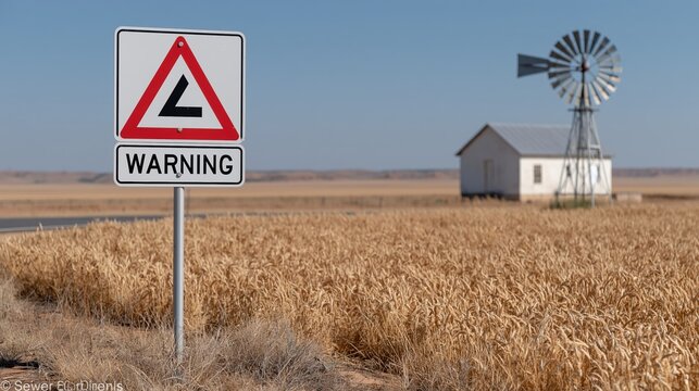 Warning sign on rural road in golden wheat field with outback farmhouse and wind pump, illustrating agriculture and danger