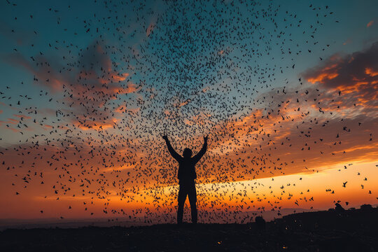 Silhouette of a man with raised arms under a swirling flock of birds