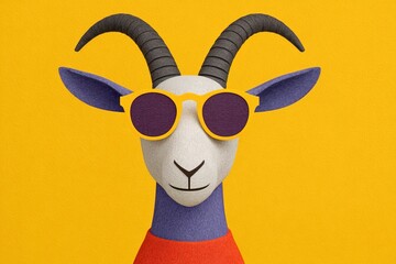 Naklejka premium Cool goat wearing sunglasses stands out against bright yellow background