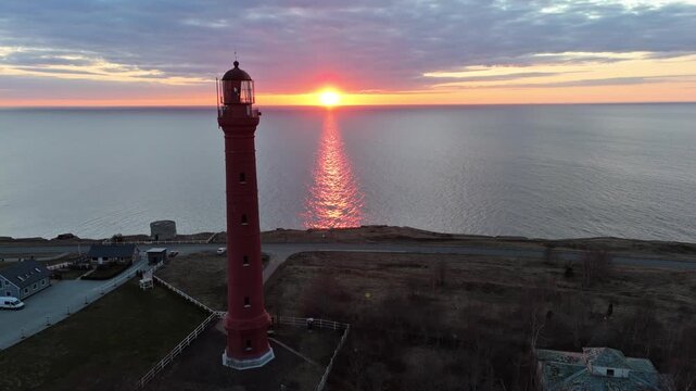 Pakri Lighthouse Sunset Over the Baltic Sea Aerial Drone View Estonia