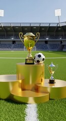 Soccer trophy surrounded by stadium confetti, celebration theme