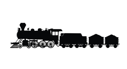 Silhouette of a vintage steam locomotive with two connected freight cars © Sakib Studio