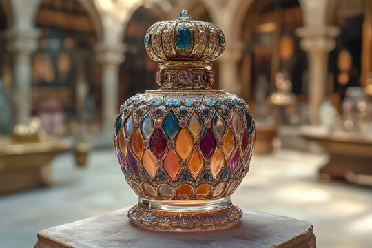 Ornate jeweled perfume bottle with crown stopper in a grand hall