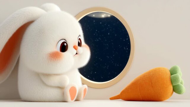 A cute, fluffy white rabbit sits beside a bright orange carrot. The rabbit has large eyes and a round face, with a window showing a starry night in the background.