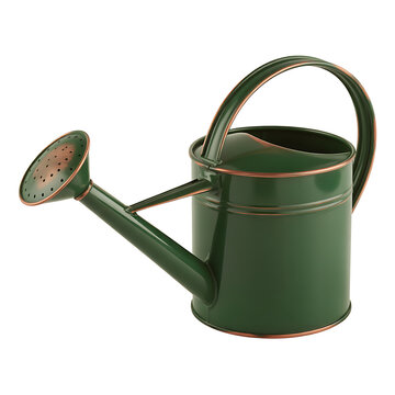 A green metal watering can sits on a surface in an indoor setting.