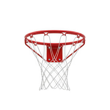 Red and white basketball hoop with net hanging from a backboard
