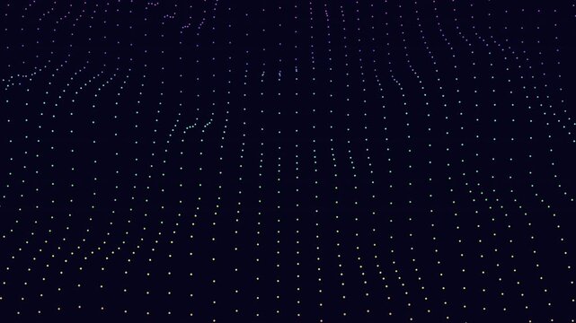 Animated field of luminous dots forming flowing waves on a dark background, ideal for technology, data visualization, digital network, and futuristic motion design