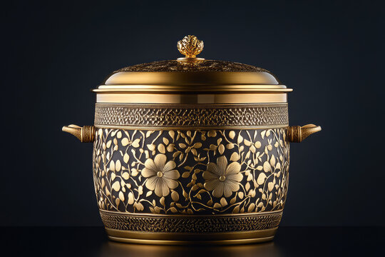 Ornate golden cooking pot with floral engraving on dark background