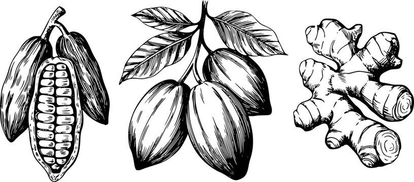 Hand Drawn Cocoa Pods and Ginger Root Isolated White Background Vintage Style cacao