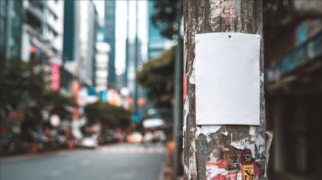Stunning photo of blank white square flyer mockup on a city utility pole with torn posters and a blurred urban street background.