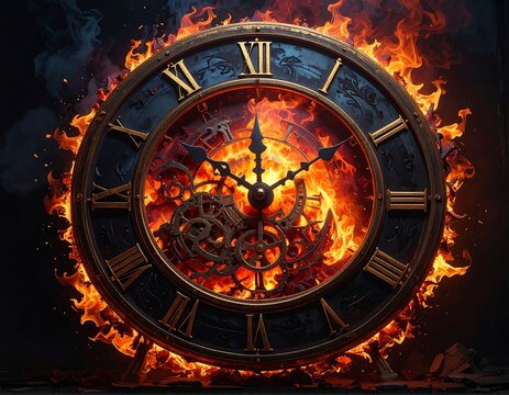 A vintage clock face encircled by intense flames, showcasing internal gears, roman numerals, and a dark background
