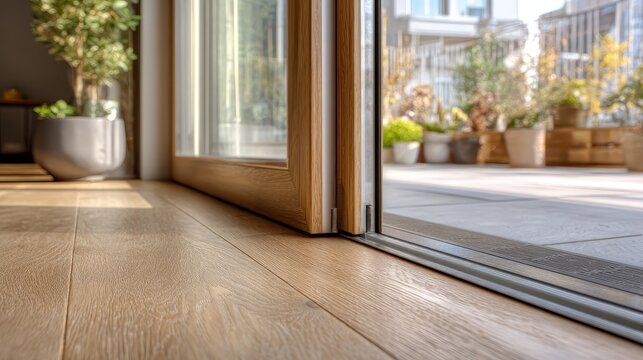 Stunning photo of close-up of a modern low-profile sliding glass door threshold track on a light oak wood floor leading to a terrace.