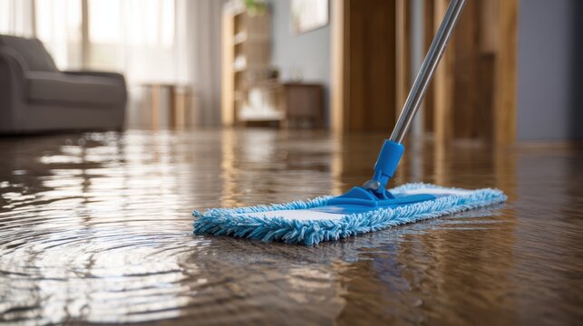 Stunning photo of cleaning a flooded floor with a blue mop in a house after water damage.