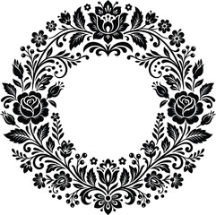 Obraz premium Black floral wreath with roses and leaves on white background