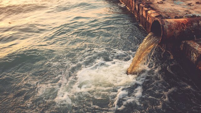 Stunning photo of environmental damage concept, Industrial and factory wastewater discharge pipe into the canal and sea, dirty water pollution, Sewage pipe outfall into the.