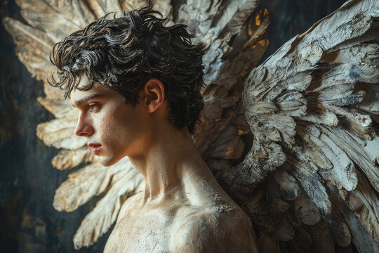 Young man with large feathered angel wings in dramatic light