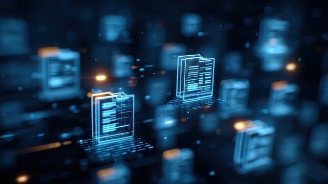 Stunning photo of futuristic digital document management system with glowing virtual file icons in a dark blue technological data storage environment.